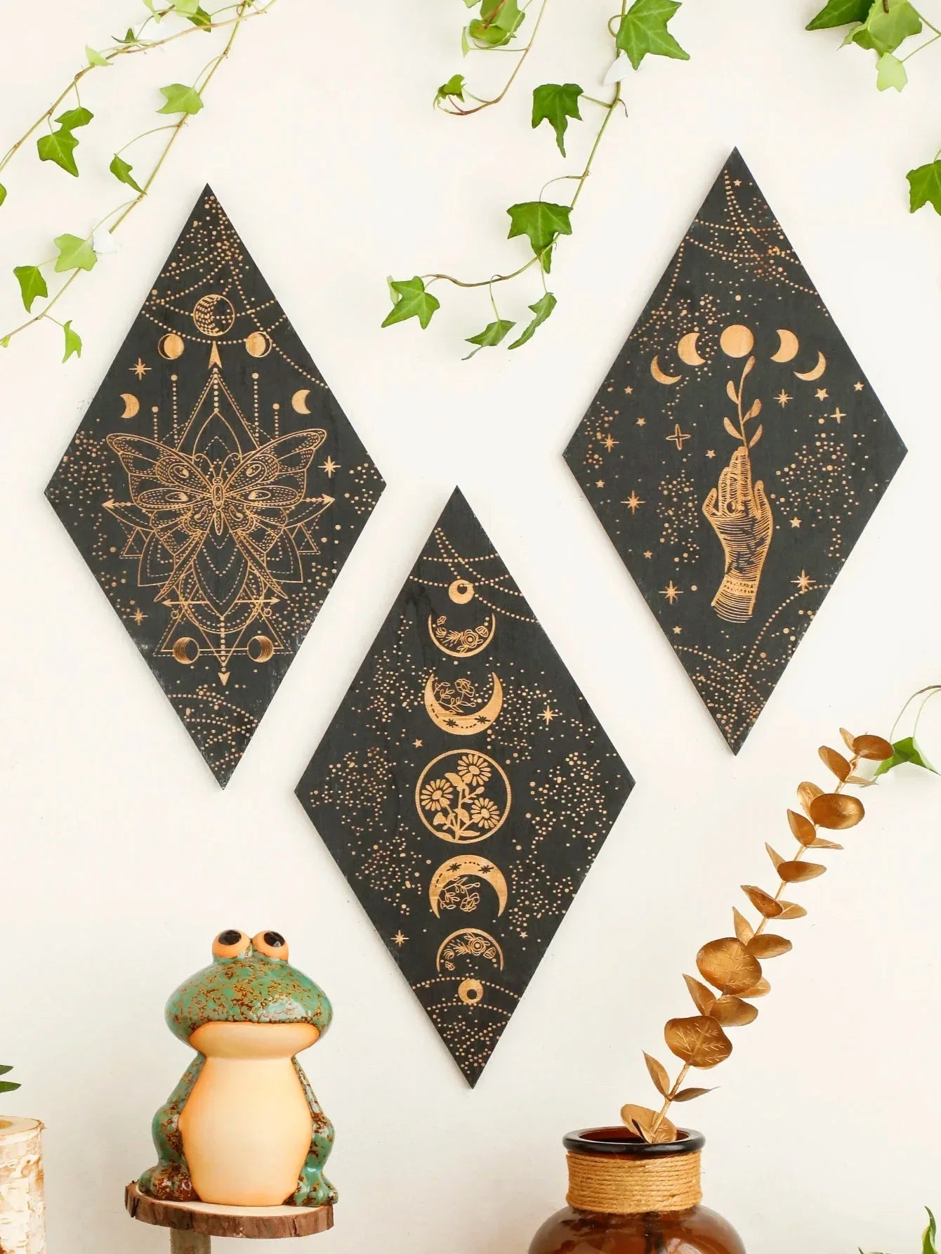 Moon Phases Wall Art | Black Wooden Decor with Premium Craftsmanship | Boho Aesthetic for Timeless Home Decoration