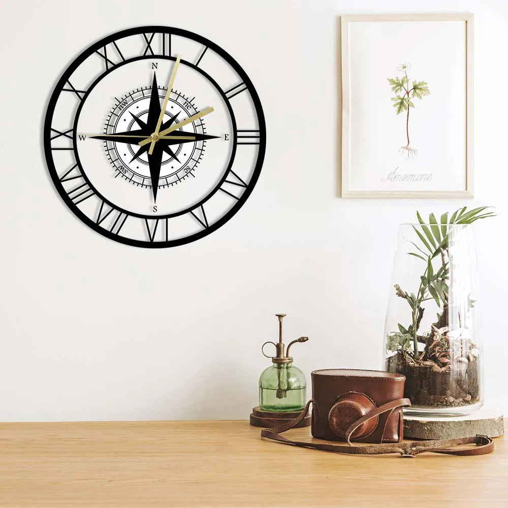 Nautical Compass Wall Clock Decor with Silent Function | Vintage Design for Timeless Elegance