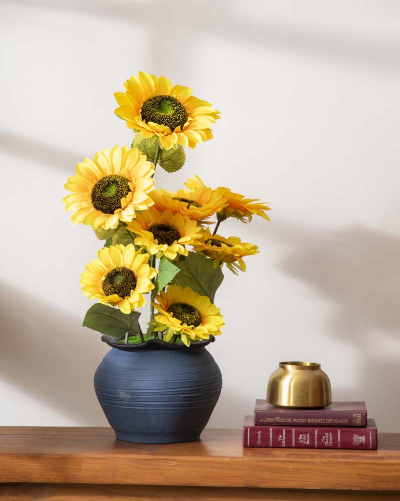 Vibrant Sunflower Artificial Flower Arrangement in Cement Pot | Low Maintenance Faux Flowers for Home Decor