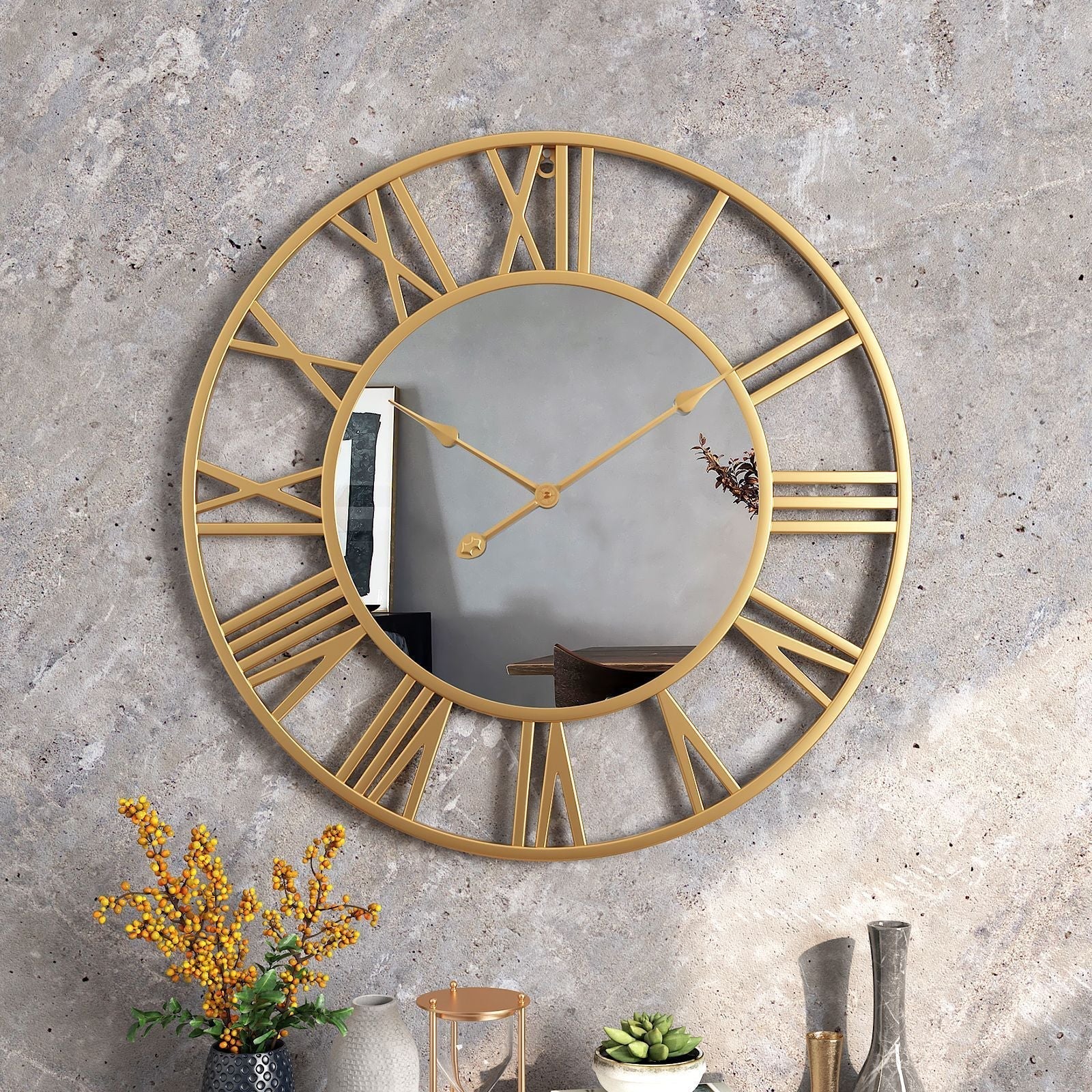Vintage Metal Wall Clock Decor | Large 39cm Diameter with Mirror Finish for Timeless Elegance